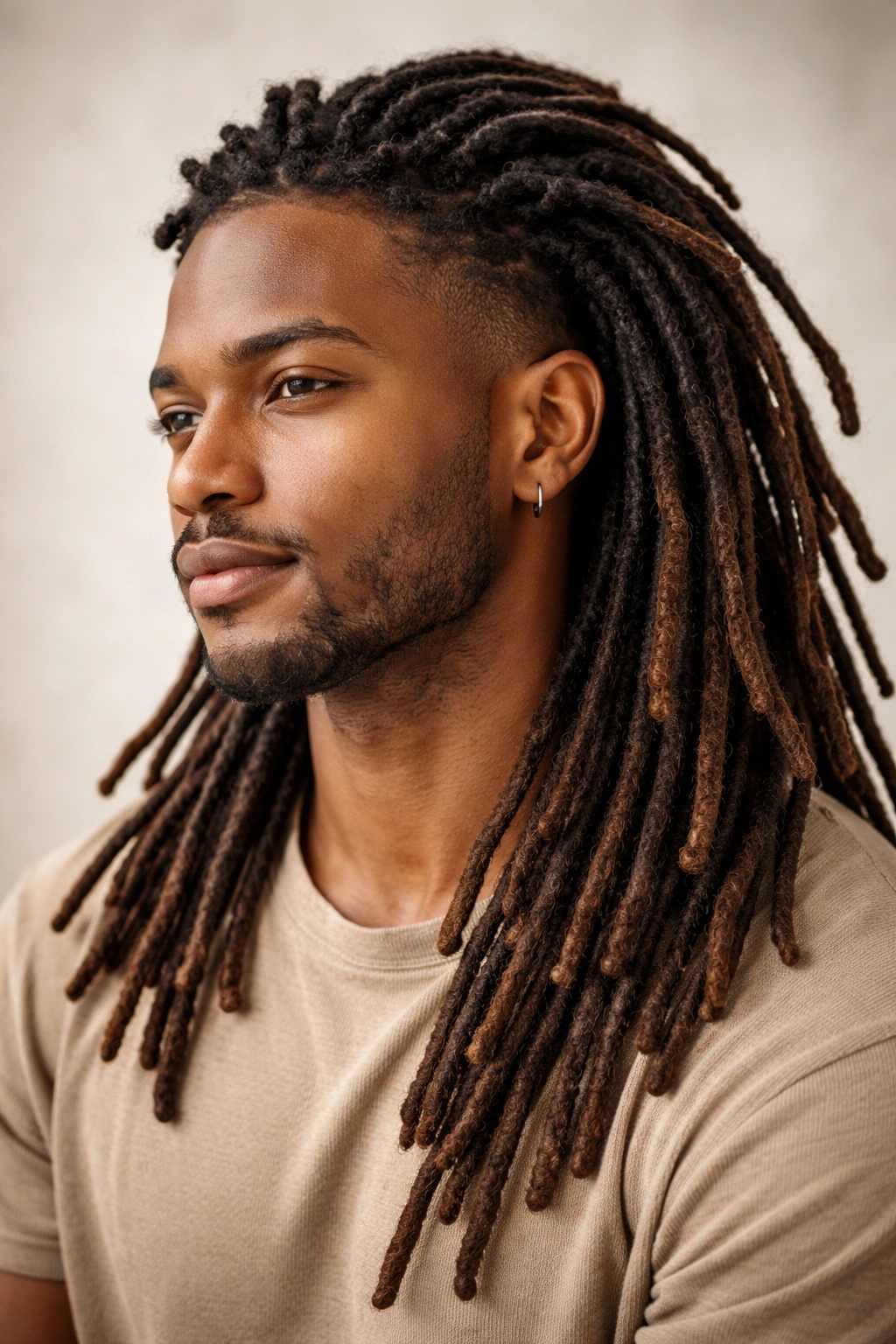Close-up portrait of a person with dreadlocks of varying lengths against a neutral studio backdrop