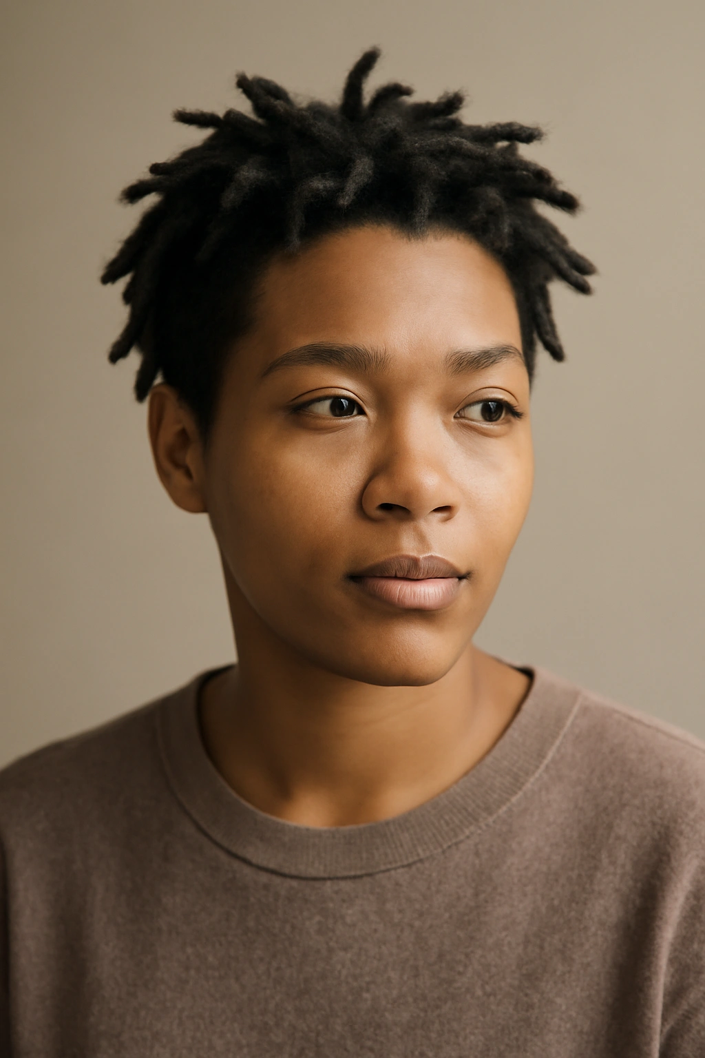 10 Hairstyles to Try If You Have Short Dreads 11 Calm portrait of a person with short dreadlocks, reflecting versatility of styling.