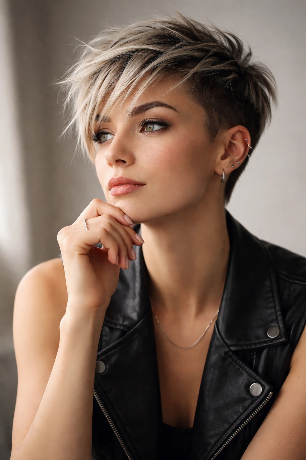 Contemplative portrait suggesting final thoughts on edgy pixie styles.