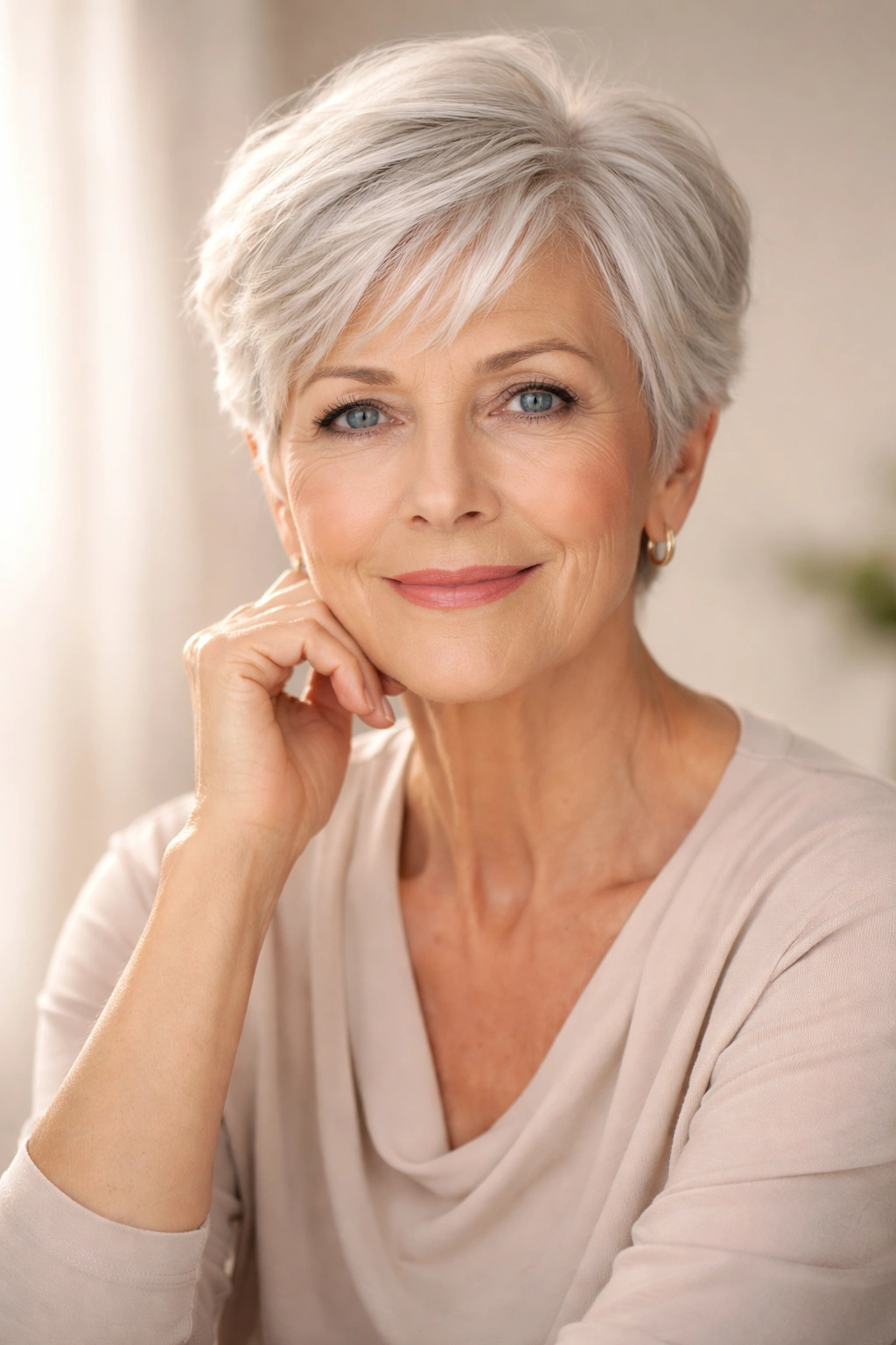 Confident older woman portrait conveying embracing change through hair style