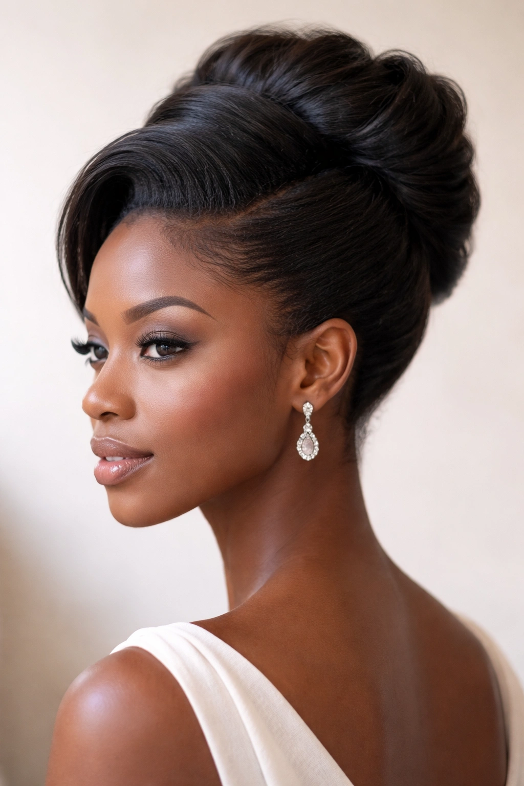 Close-up of a Black woman with a French roll updo, showcasing texture and volume