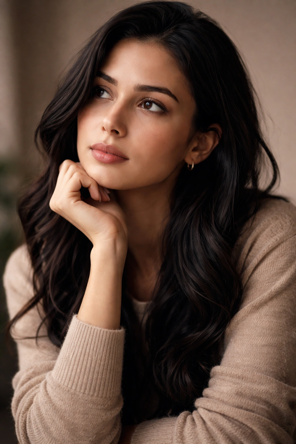Contemplative portrait of a person with dark hair in a neutral setting