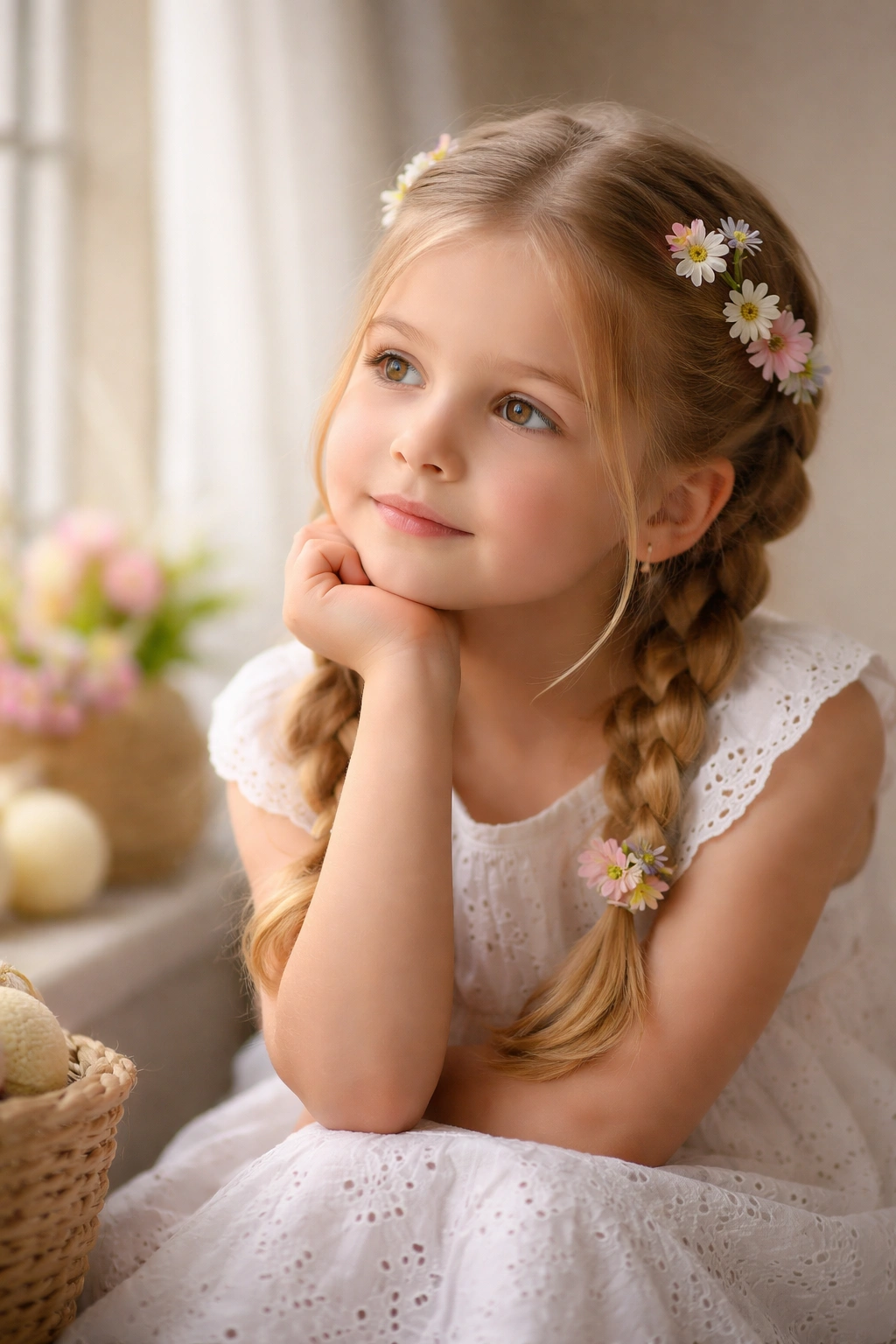 Thoughtful young girl in soft light reflecting after Easter hairstyle session