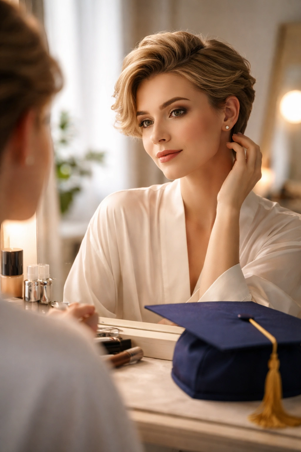 Thoughtful graduate with short hair and cap nearby