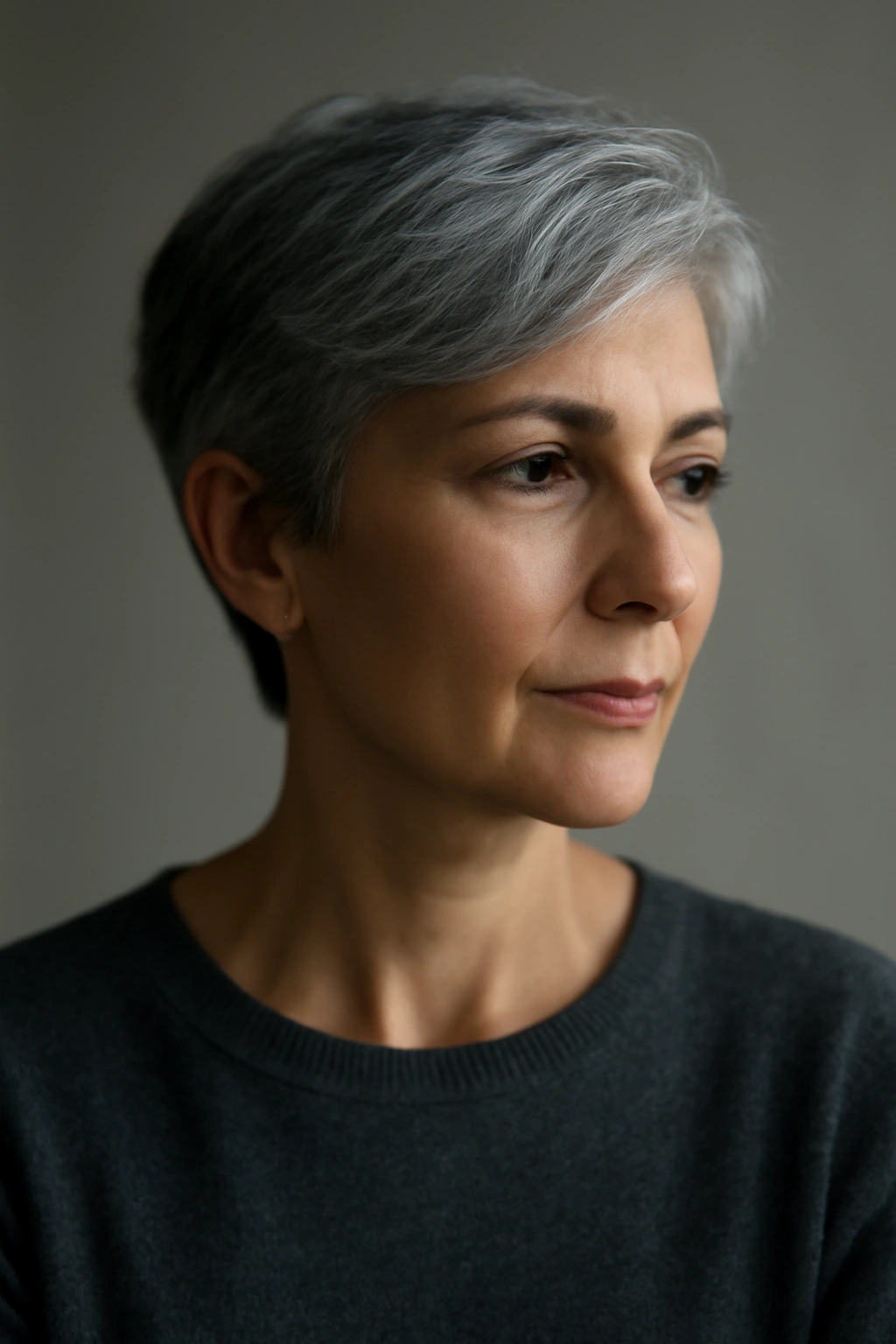 10 Short Haircuts for Women Embracing Their Gray Hair 11 Contemplative portrait of a person with short silver-gray hair