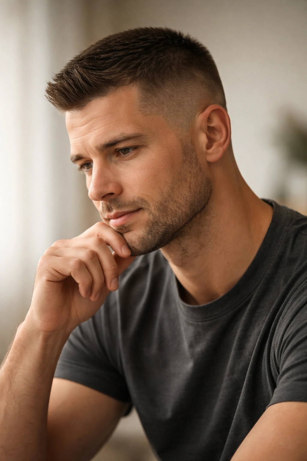 Contemplative man with crew cut portrait