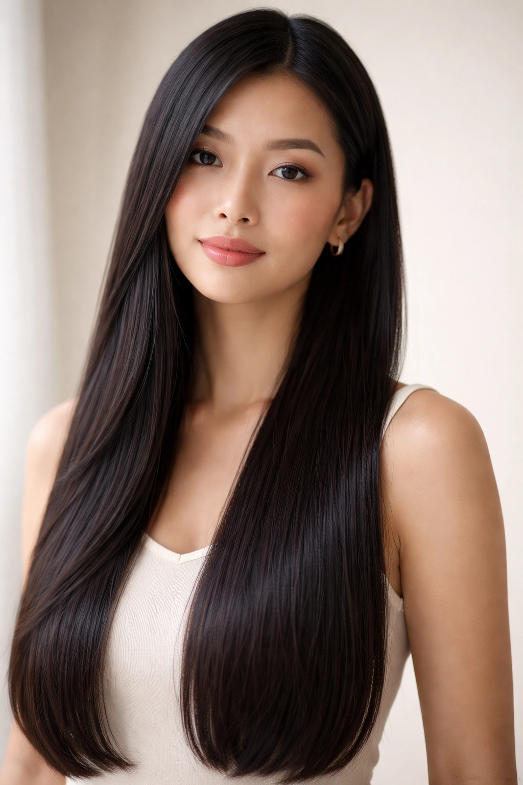 Confident person with glossy straight hair in a calm setting