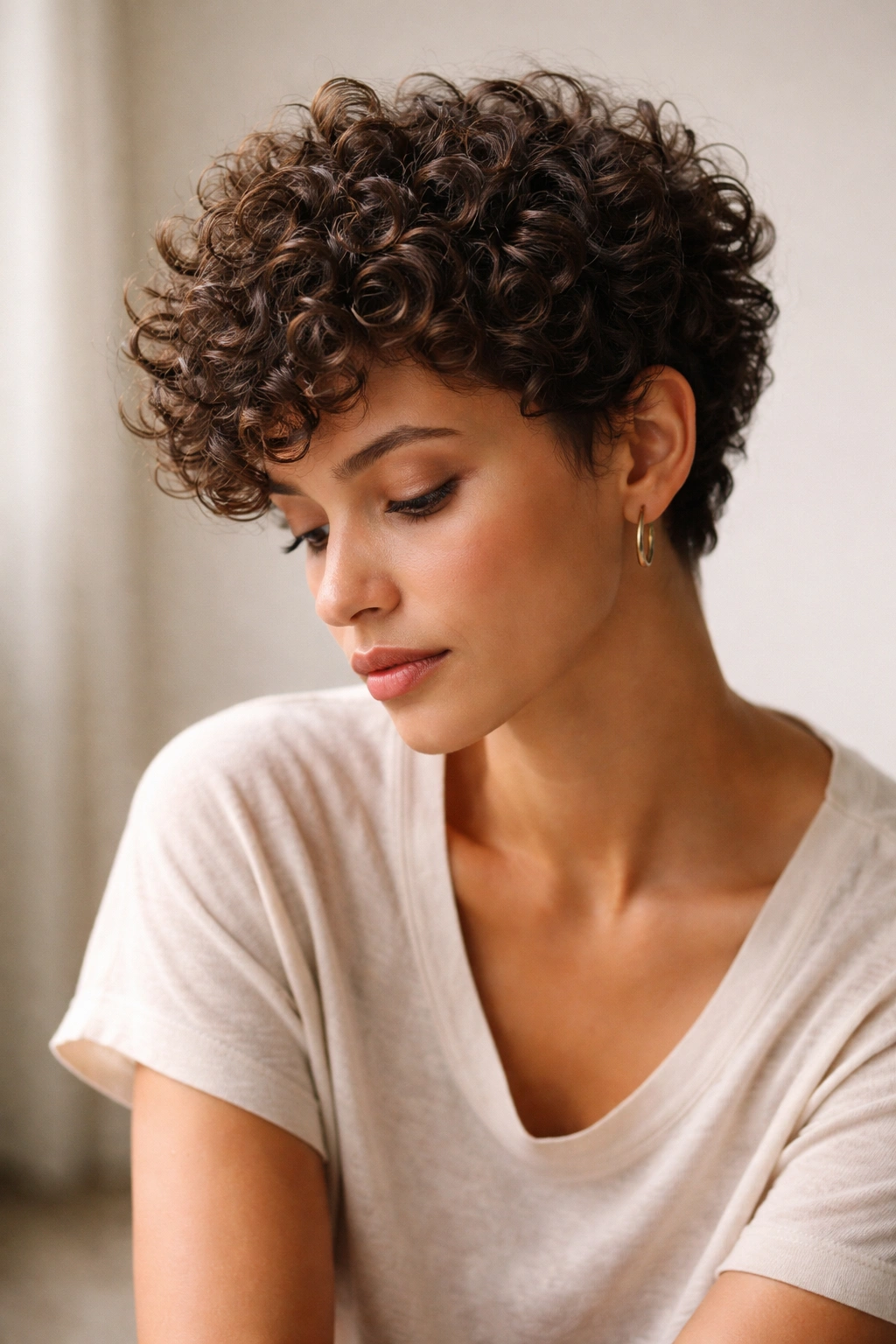 Contemplative portrait of a person with short curly hair in a studio