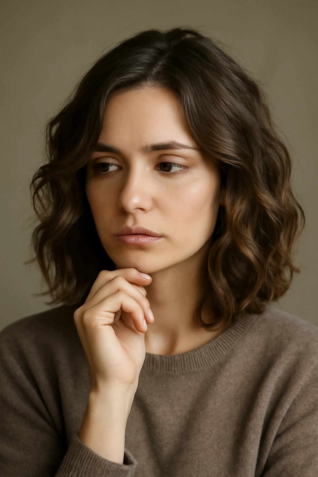 Thoughtful portrait of a person considering hairstyle choices with soft lighting