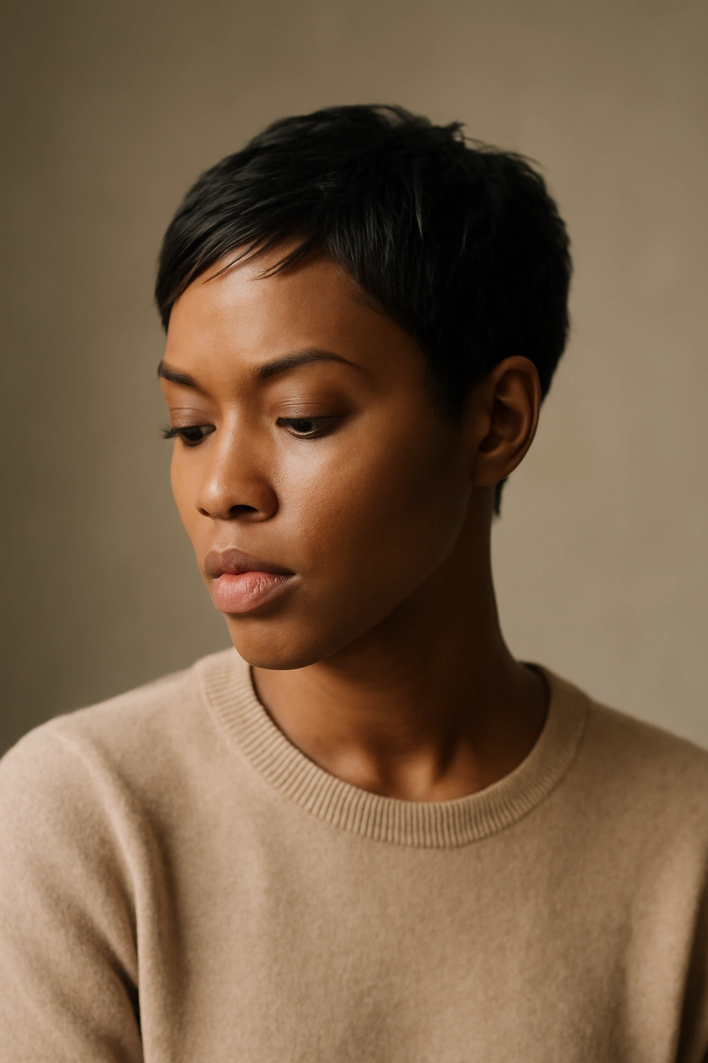 10 Short Haircuts for Black Women With Fine Hair 11 Contemplative portrait of a person with short hair reflecting on hair choices.