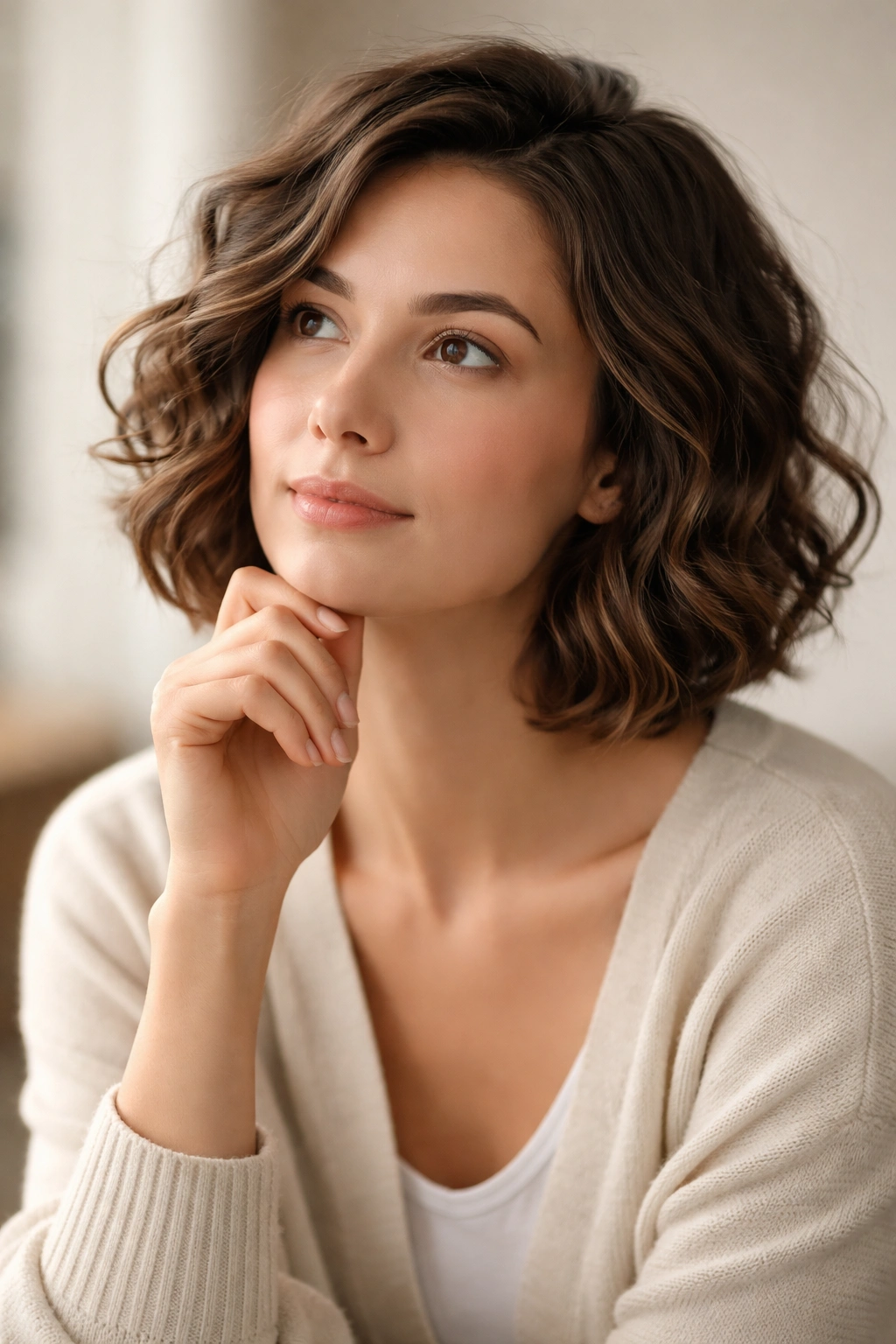 10 Angled Curly Bobs For Round And Oval Faces 11 Contemplative portrait suggesting hairstyle decision