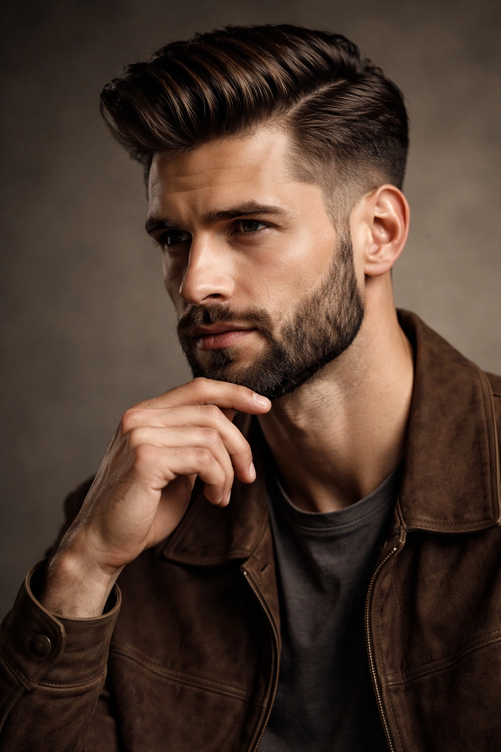 Contemplative portrait of a man with polished hairstyle and beard, reflecting on personal style
