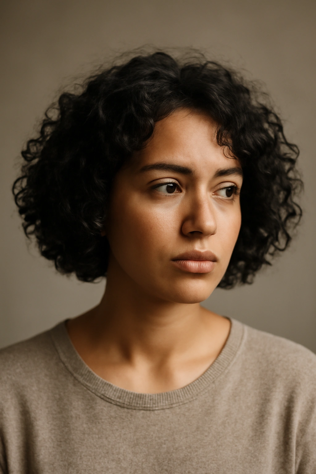 15 Gorgeous Bob Haircuts for Women With Curly Hair 16 Thoughtful portrait of a person with a curly bob in a calm studio