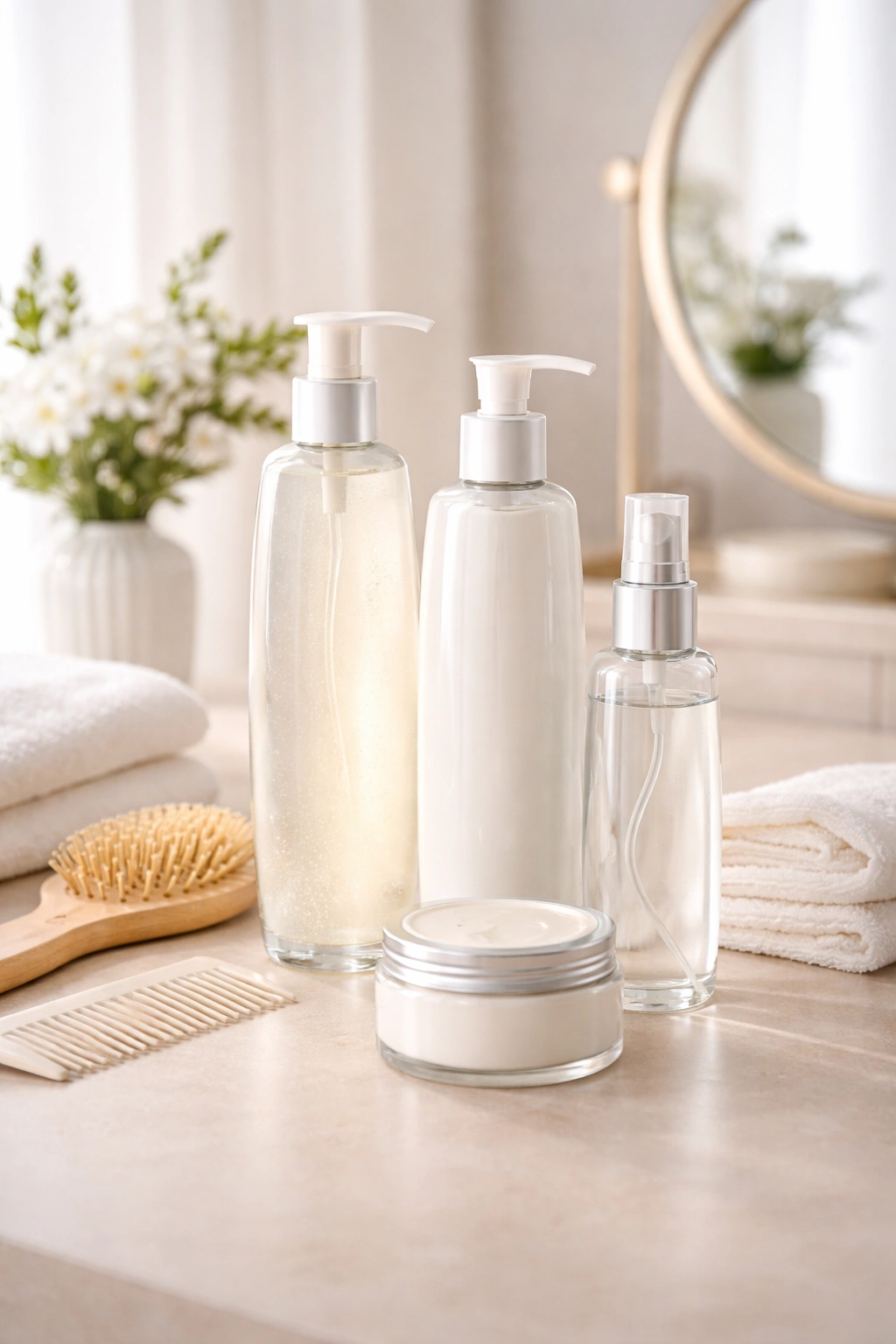 Neat vanity with hydrating hair care products to convey final recommendations for static-free straight hair