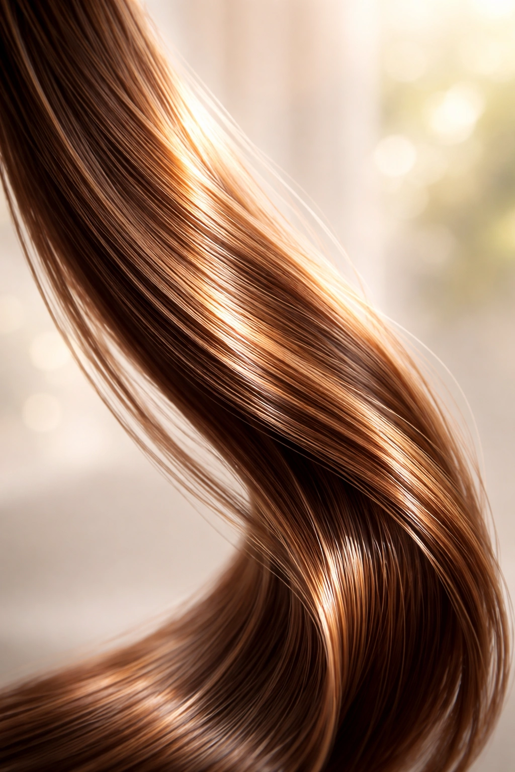 Close-up of a glossy hair strand bathed in soft sunlight