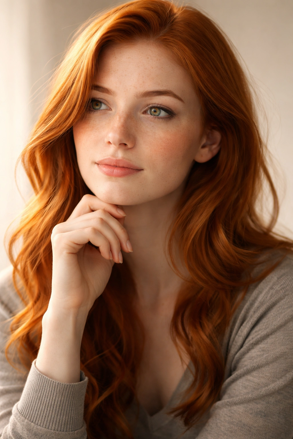 Poised portrait of natural red-haired person reflecting on rare hair colors