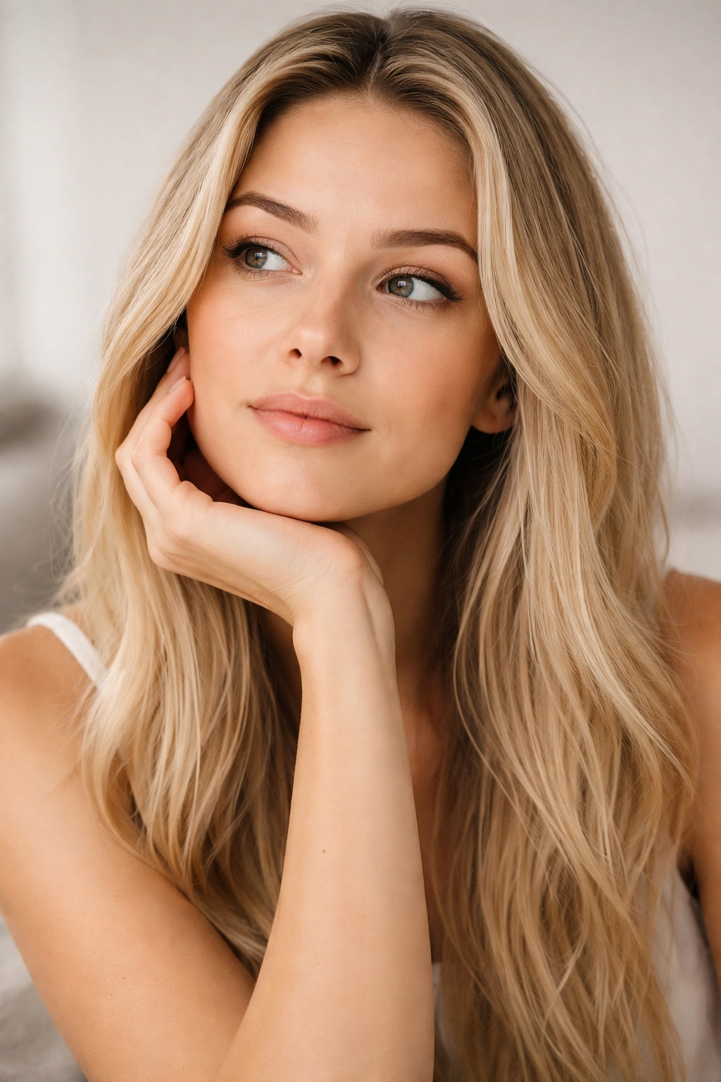 Close-up portrait of a calm person reflecting after tape-in extension removal in soft studio lighting