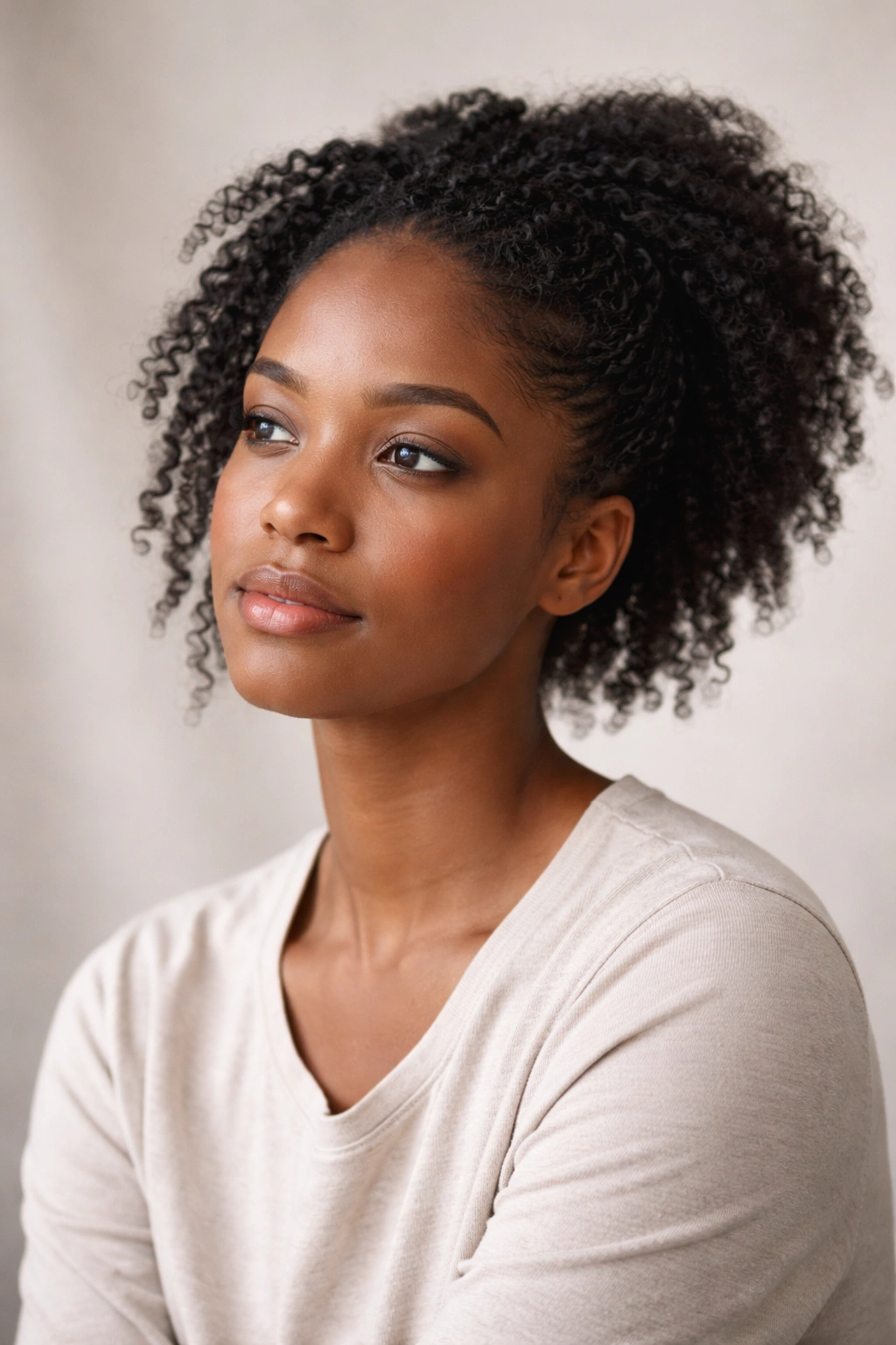 Contemplative portrait of a person with natural hair texture in a studio