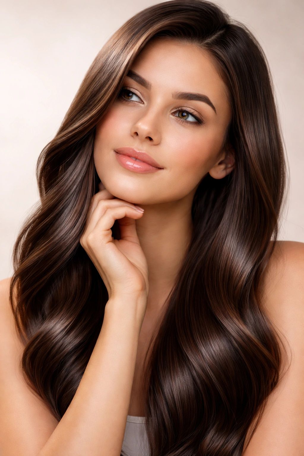 Portrait of a person with glossy hair in soft studio lighting, thoughtful mood