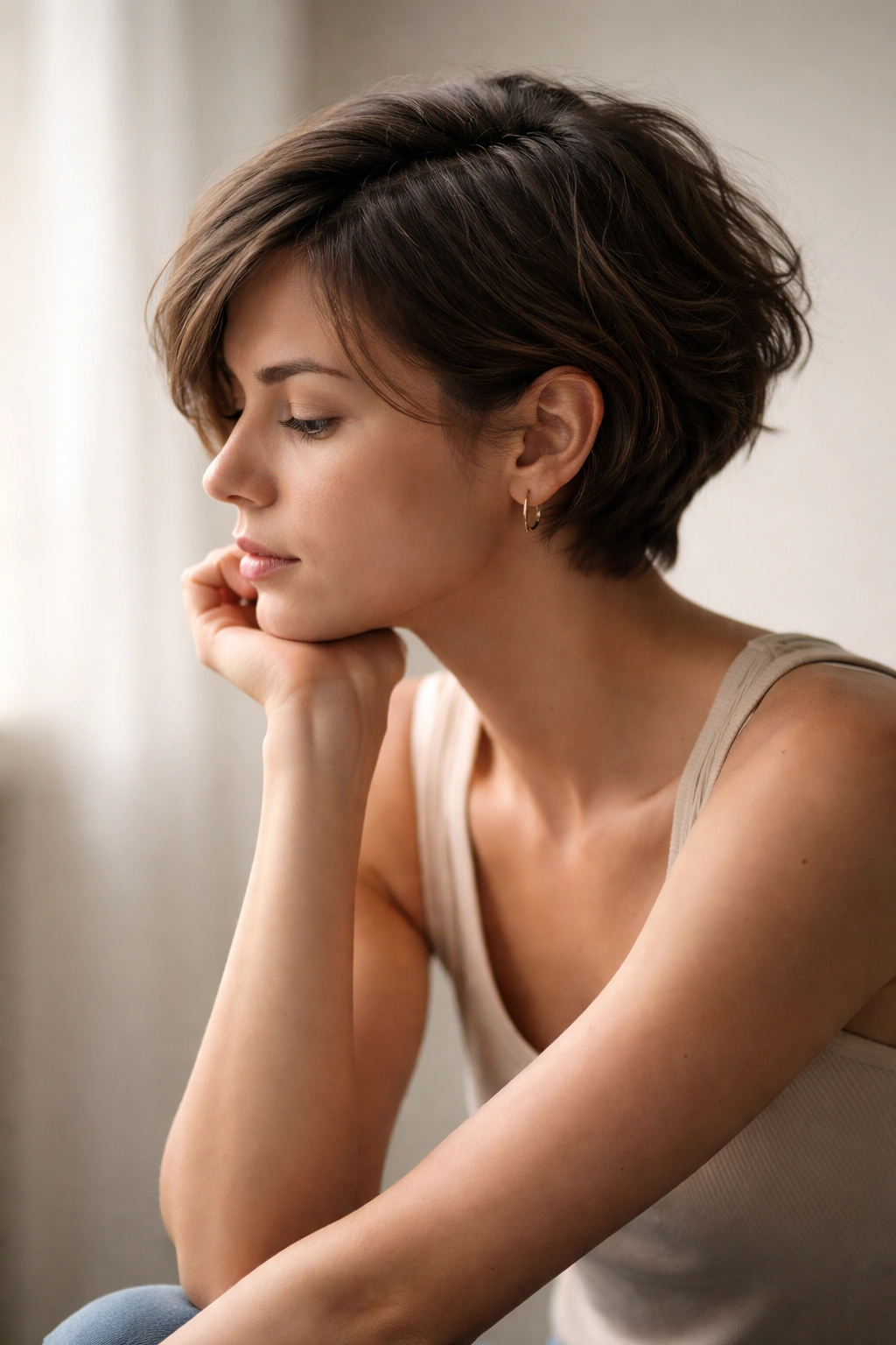 10 No Heat Short Hairstyles That Still Look Great 11 Silhouette of a person with short no-heat hairstyle in thoughtful pose.