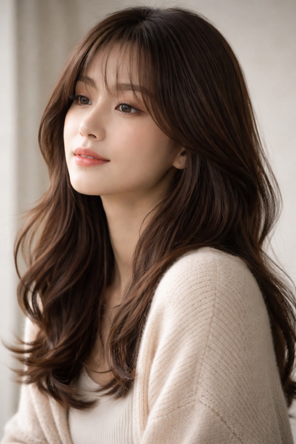 Contemplative portrait highlighting versatile hairstyle with calm expression and shiny hair.