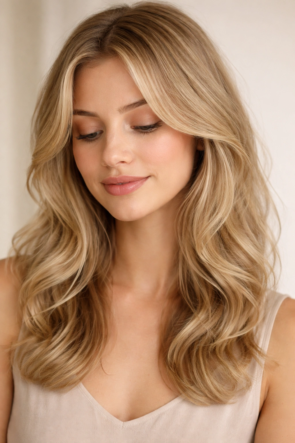 Calm portrait of fine, wavy hair with subtle finishing layers