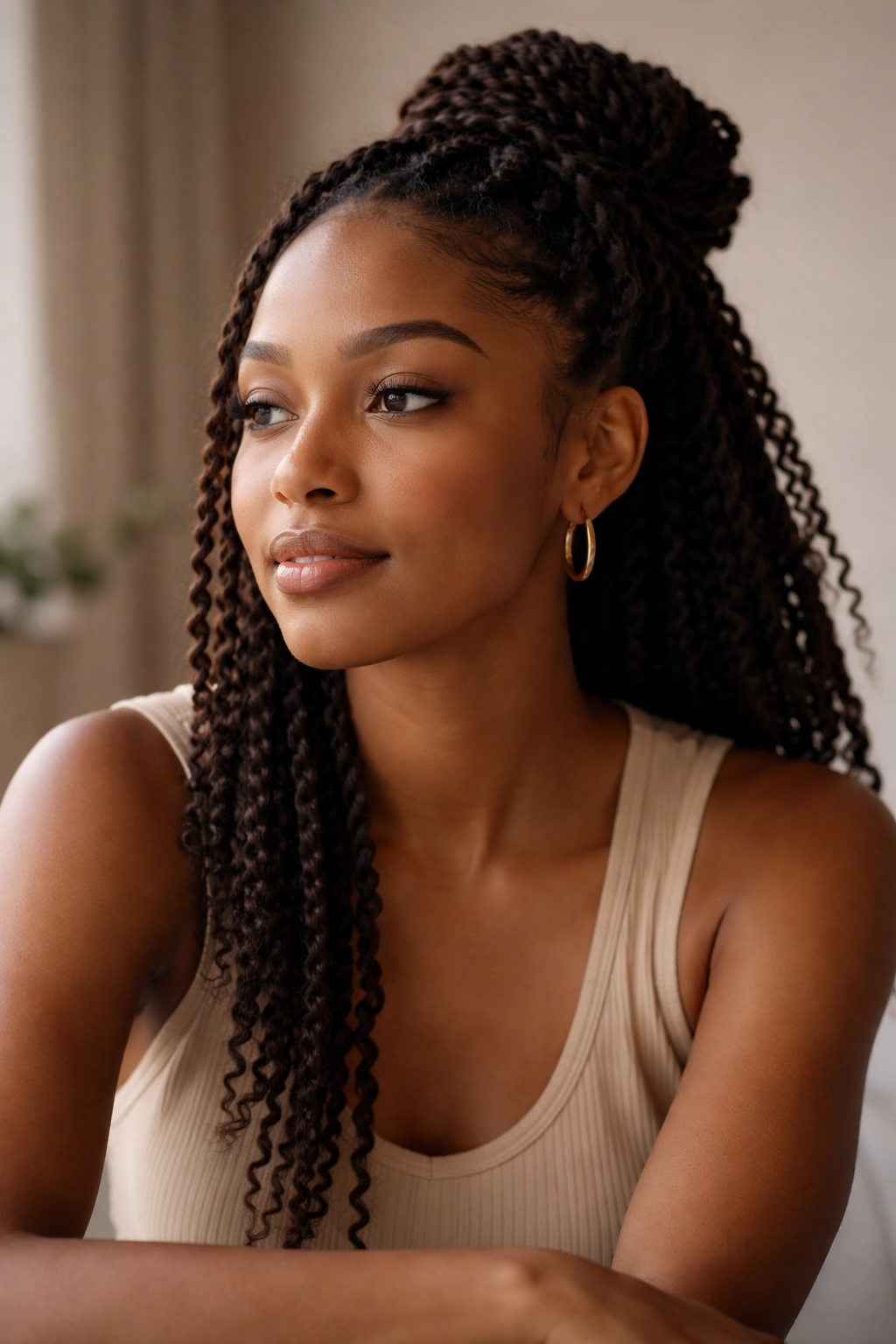 Contemplative portrait of a person with natural hair reflecting on protective styles