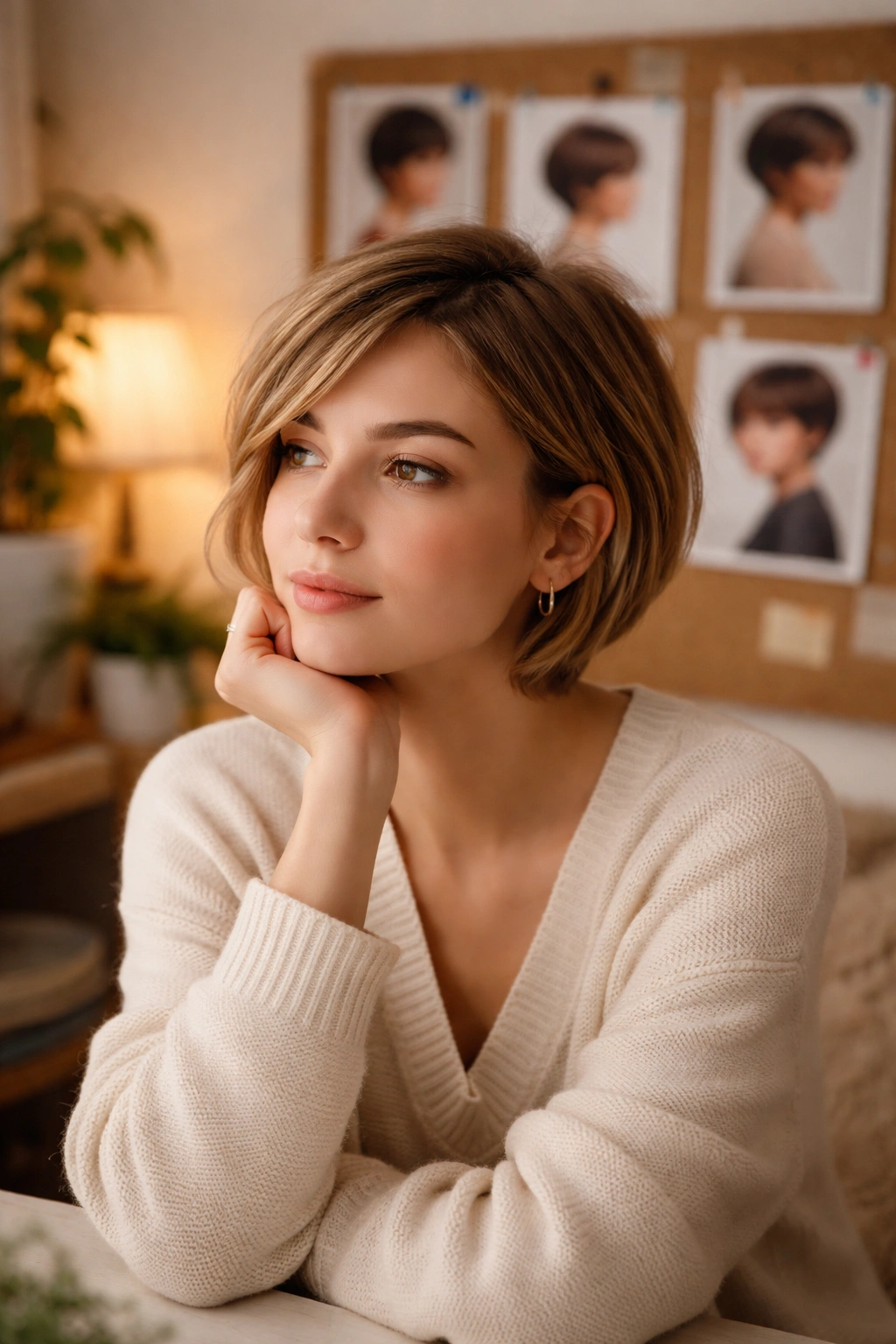Person reflects on hairstyle choices in a cozy room with reference photos