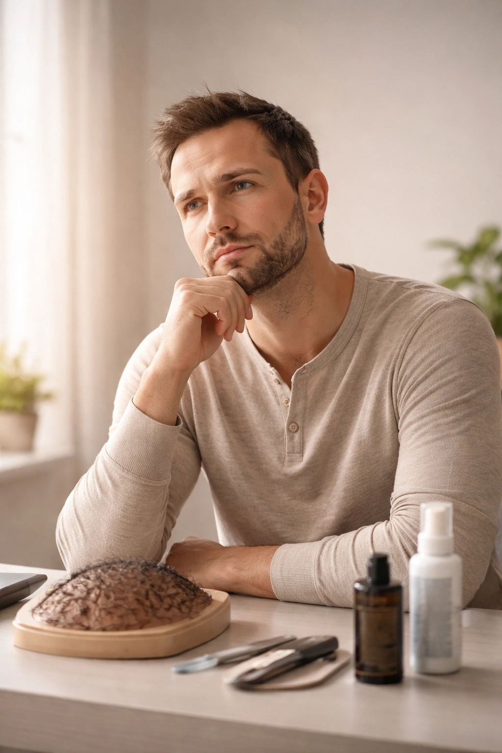 Contemplative person weighing hair restoration options