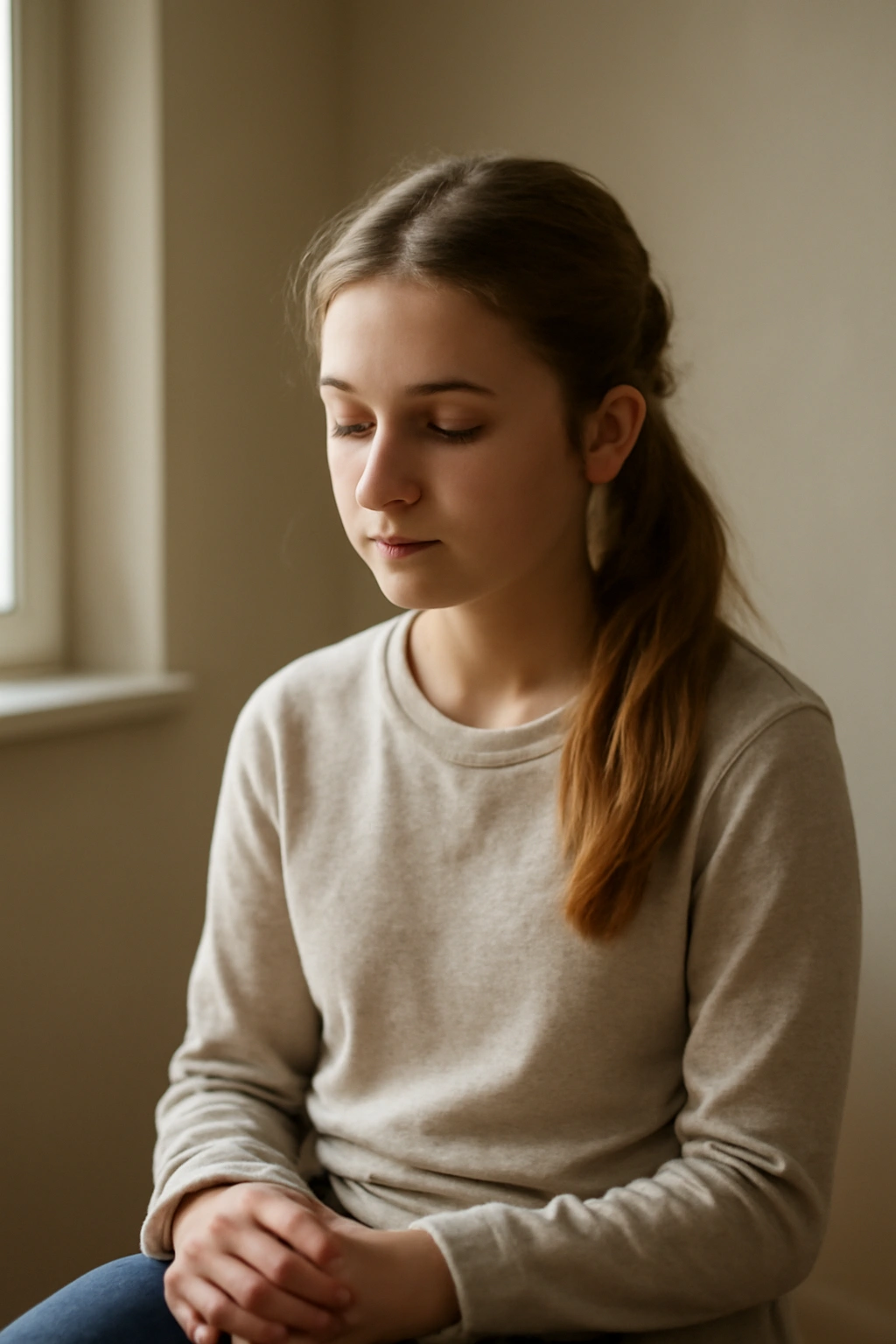 10 Quick School Morning Hairstyles for Busy Girls 11 Thoughtful girl reflecting after styling her hair in a calm morning setting