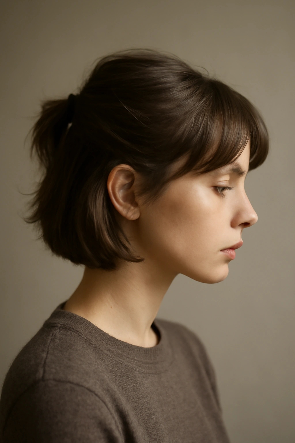 10 Half Up Styles for Short Hair You Can Try Today 11 Profile portrait of a person with short hair in a simple half-up style, reflecting thoughtful mood.