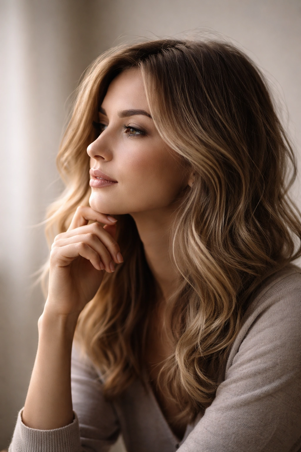 10 Fine Wavy Hairstyles For A Much Fuller Look 11 Contemplative silhouette with soft wavy hair against a neutral backdrop.