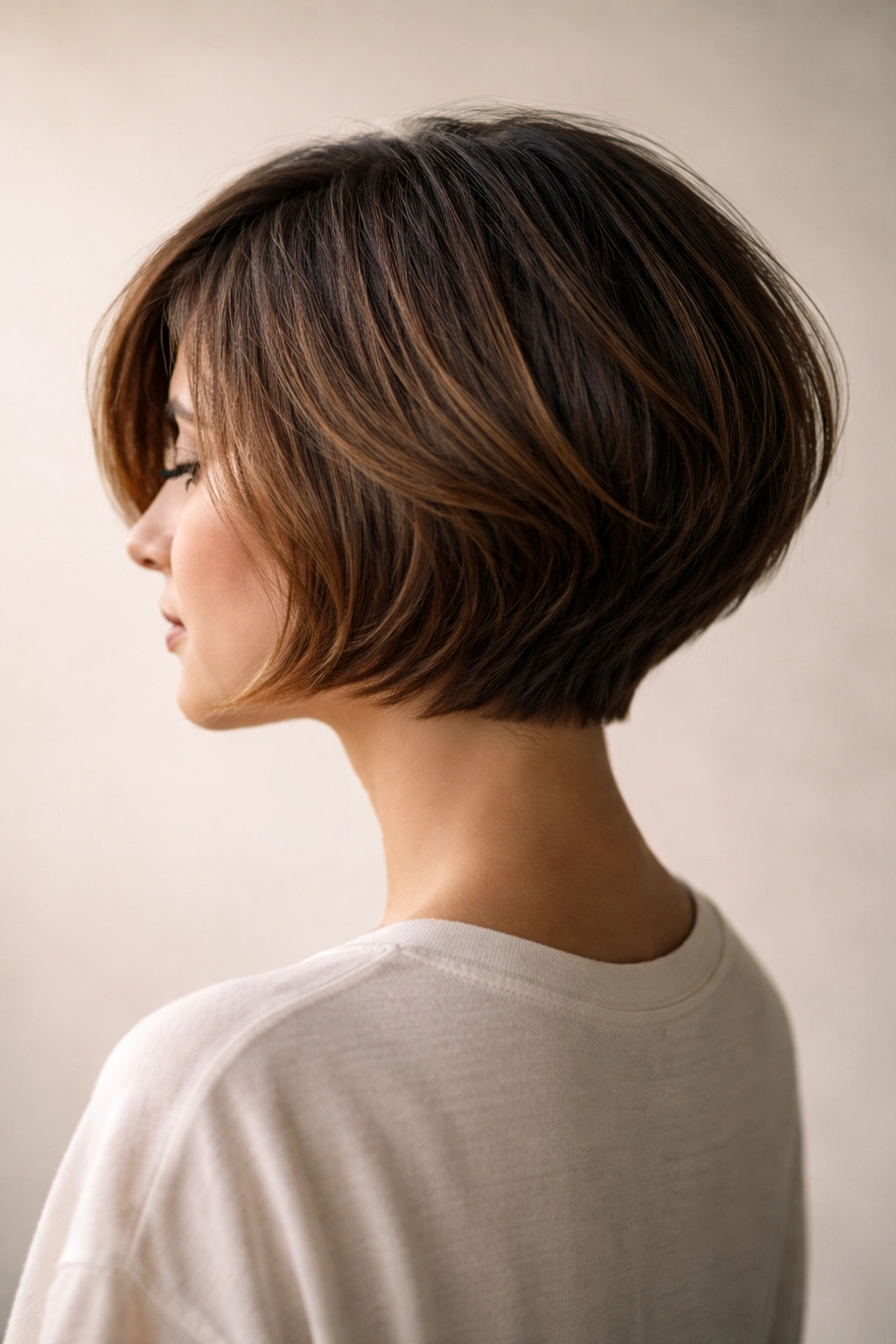 15 Stacked Bob Cuts For Thick And Fine Hair 16 Profile silhouette of a head with a stacked bob in a minimal studio setting