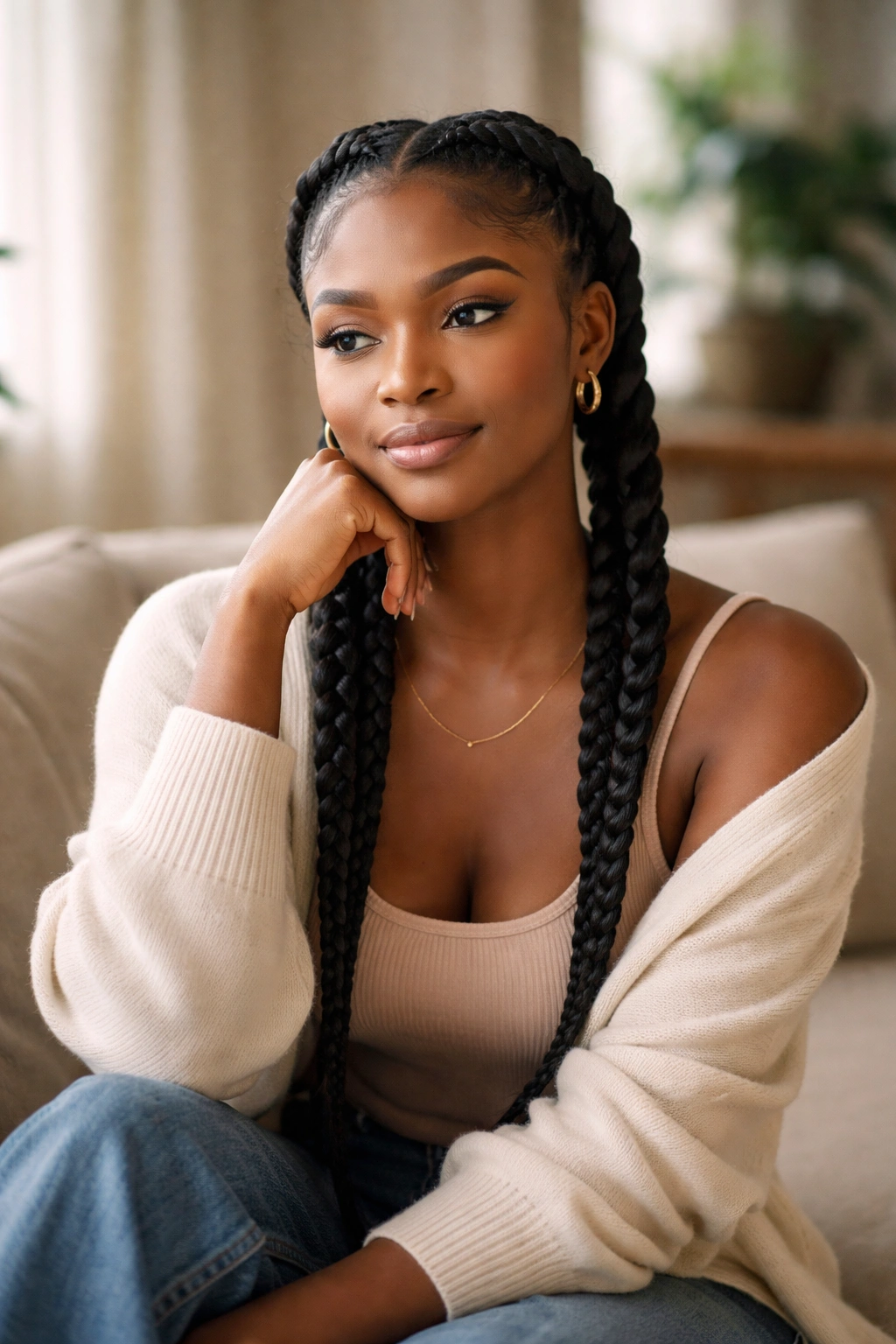 10 Two Braid Natural Styles Black Women Love 11 Contemplative portrait of a Black woman with two-braid hairstyle