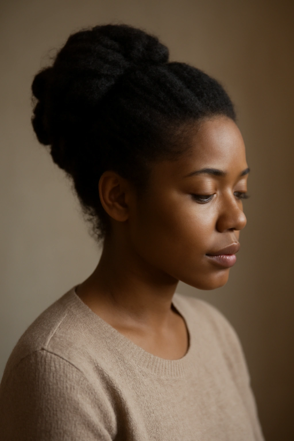 10 Pretty Natural Hair Updos for Special Occasions 11 Contemplative figure with updo in soft lighting
