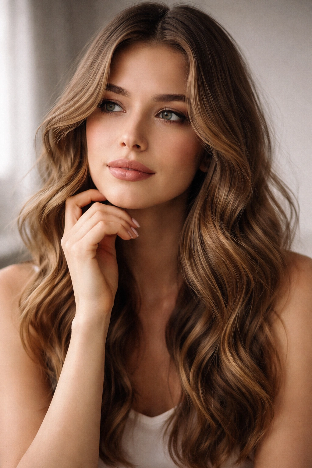 Contemplative portrait featuring softly waved hair, reflecting final thoughts on styling.