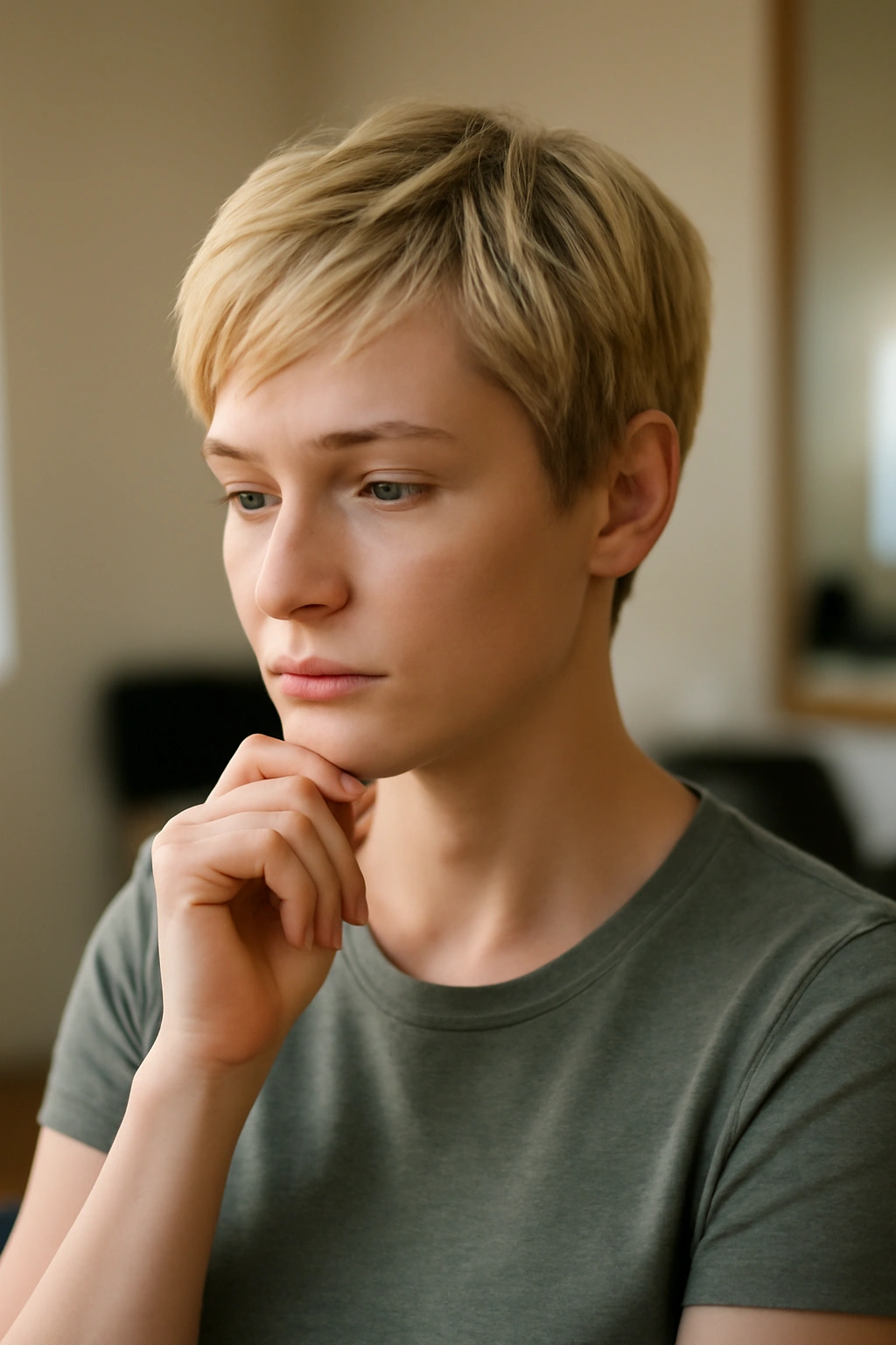 15 Short Blonde Haircuts to Bring to Your Next Appointment 16 Thoughtful person in a calm salon setting considering a new short blonde cut