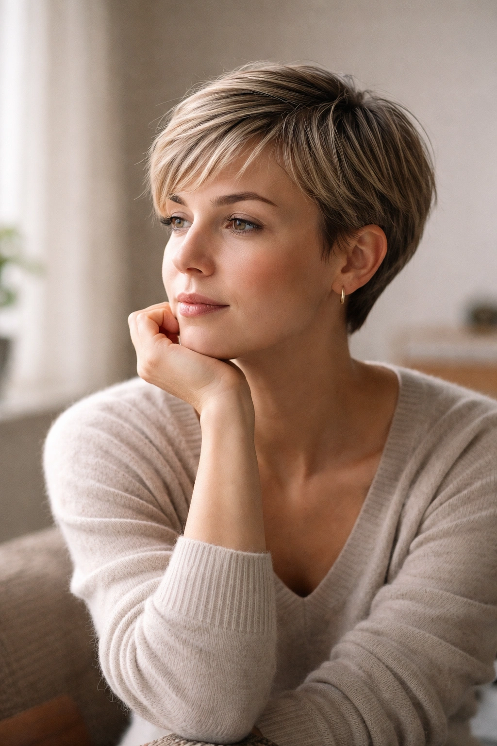 15 Short Low Maintenance Cuts For A Busy Life 16 Thoughtful portrait of a person with a short low-maintenance haircut