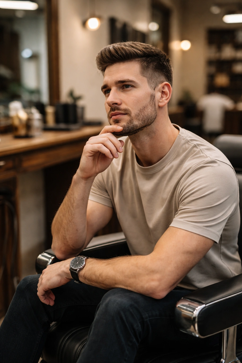 Thoughtful person in a barber chair contemplating haircut choices in a minimal shop setting.