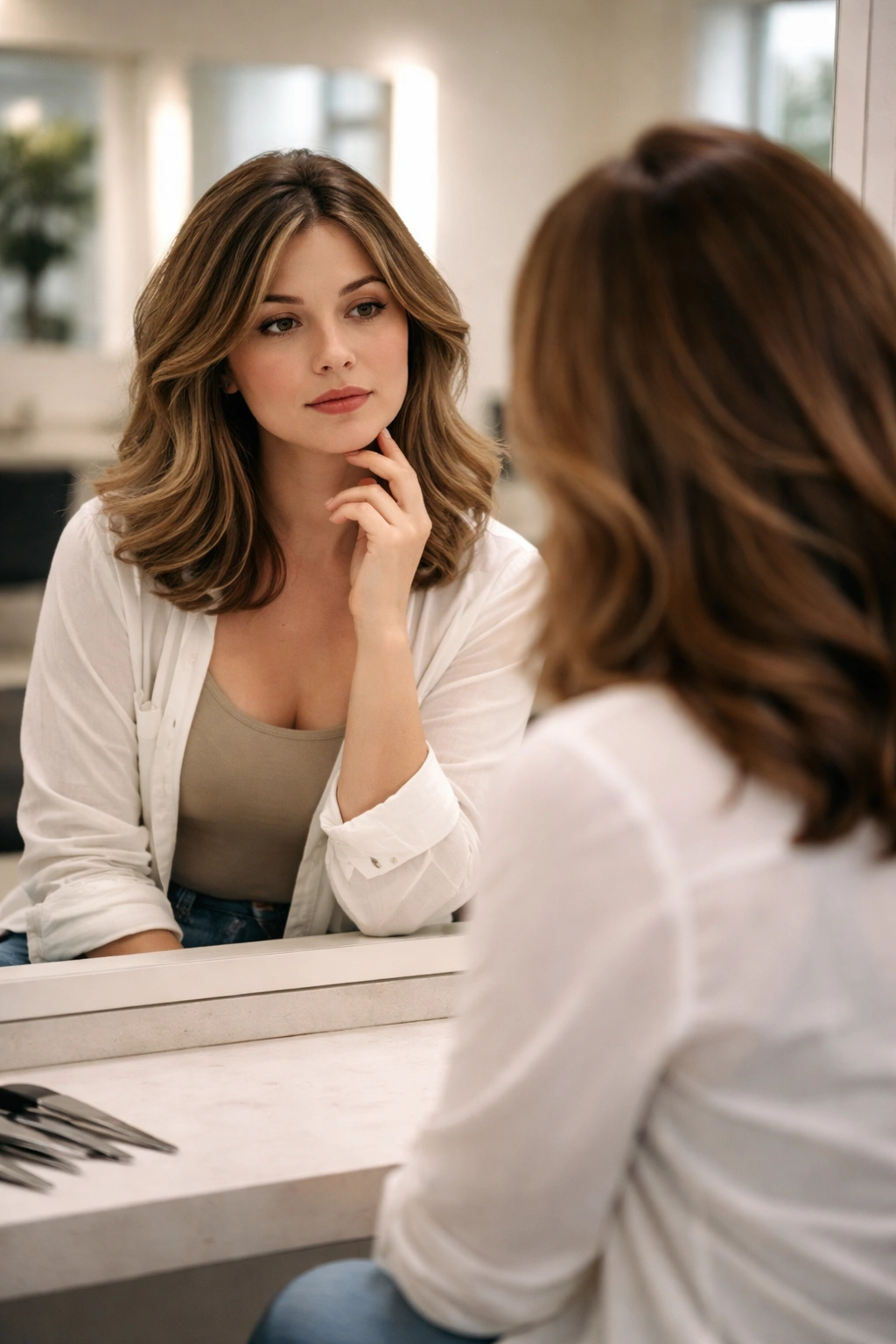 Contemplative client in a salon mirror considering a round-face flattering haircut