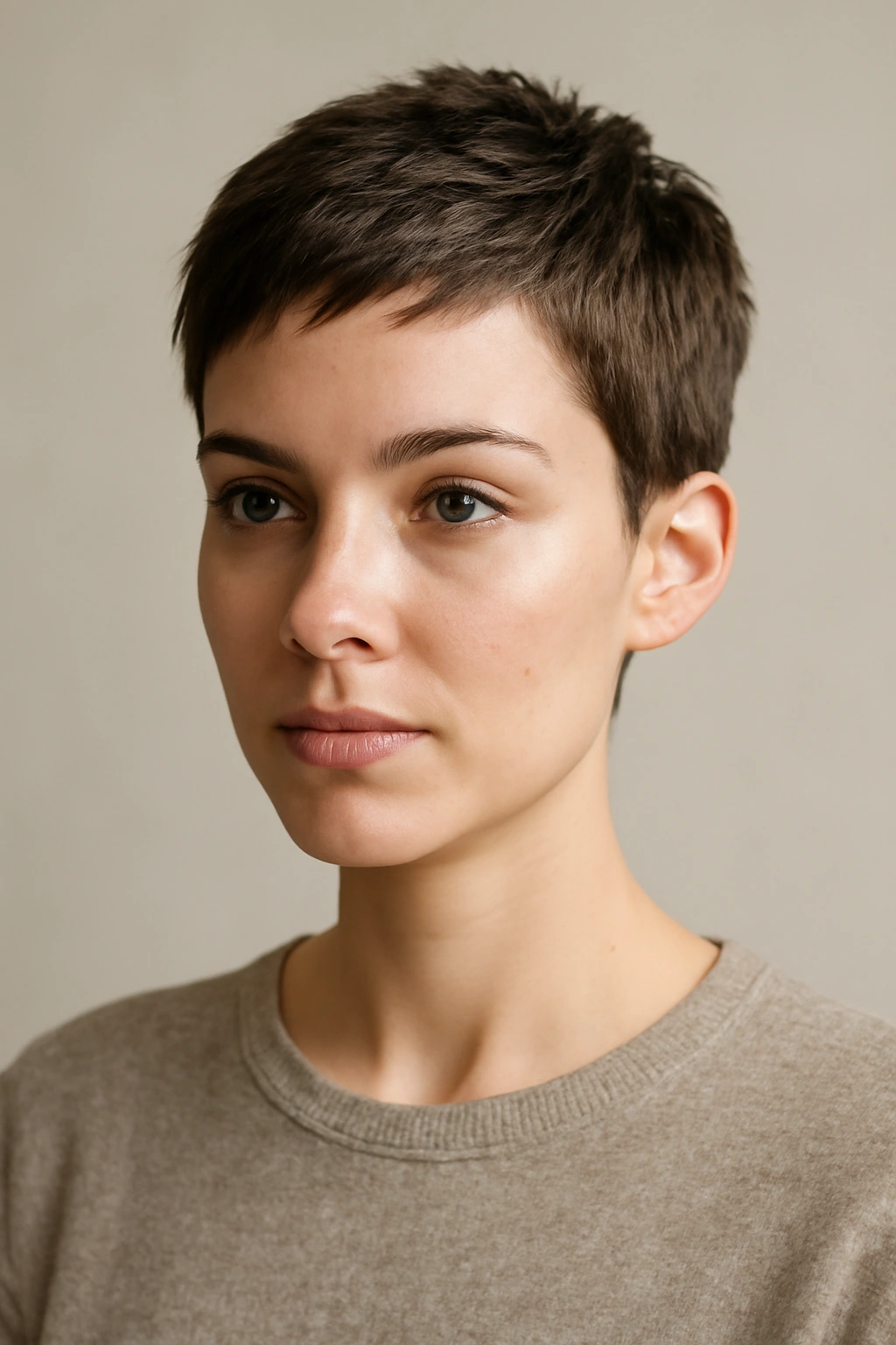12 Short Haircuts Shaped For A Diamond Face 13 Portrait of a person with a diamond-face-friendly short haircut in a studio