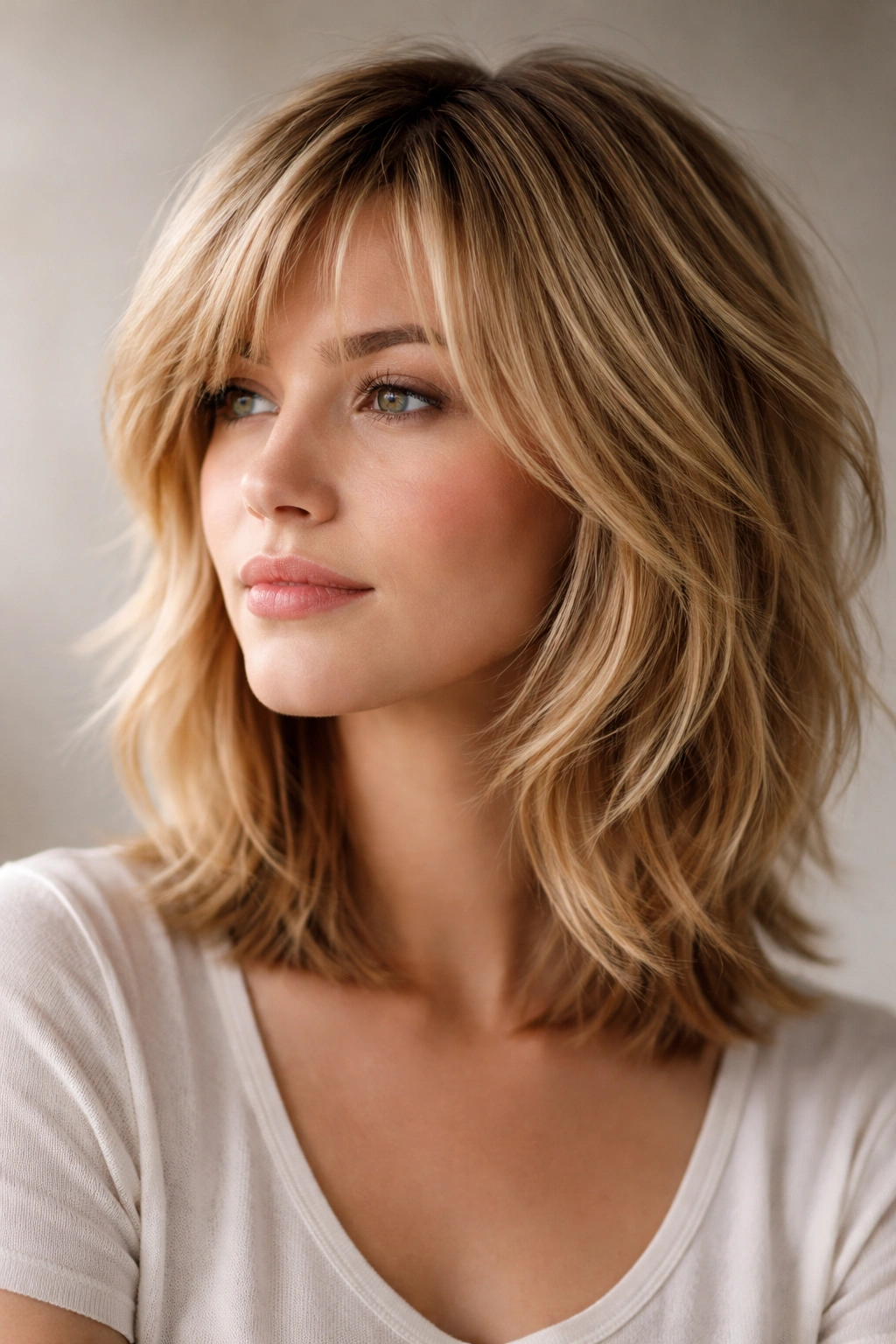 Contemplative portrait of a person with fine hair styled in a wash-and-wear cut