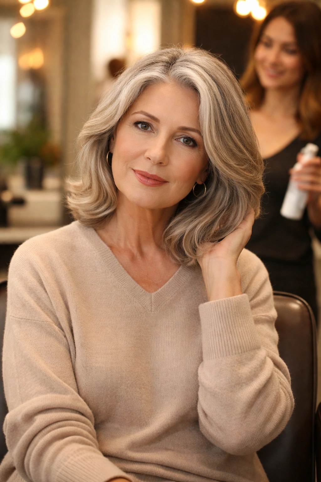 Confident older woman after haircut in a salon chair