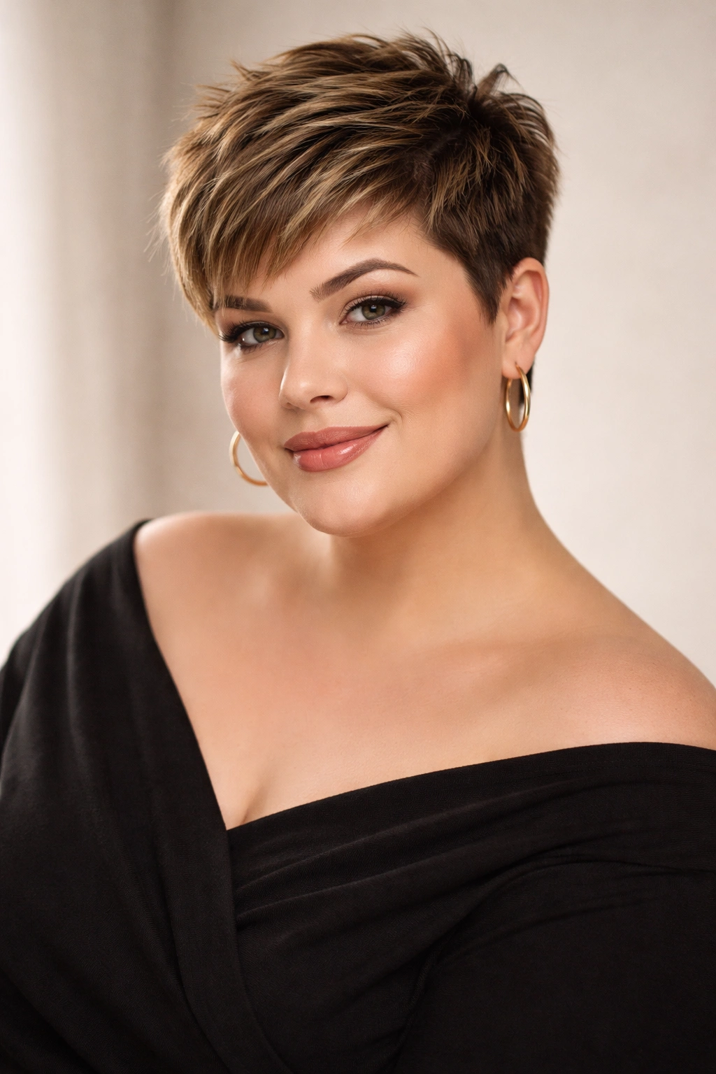 Close-up portrait of a confident plus-size woman with a short textured haircut and round face in a neutral studio.