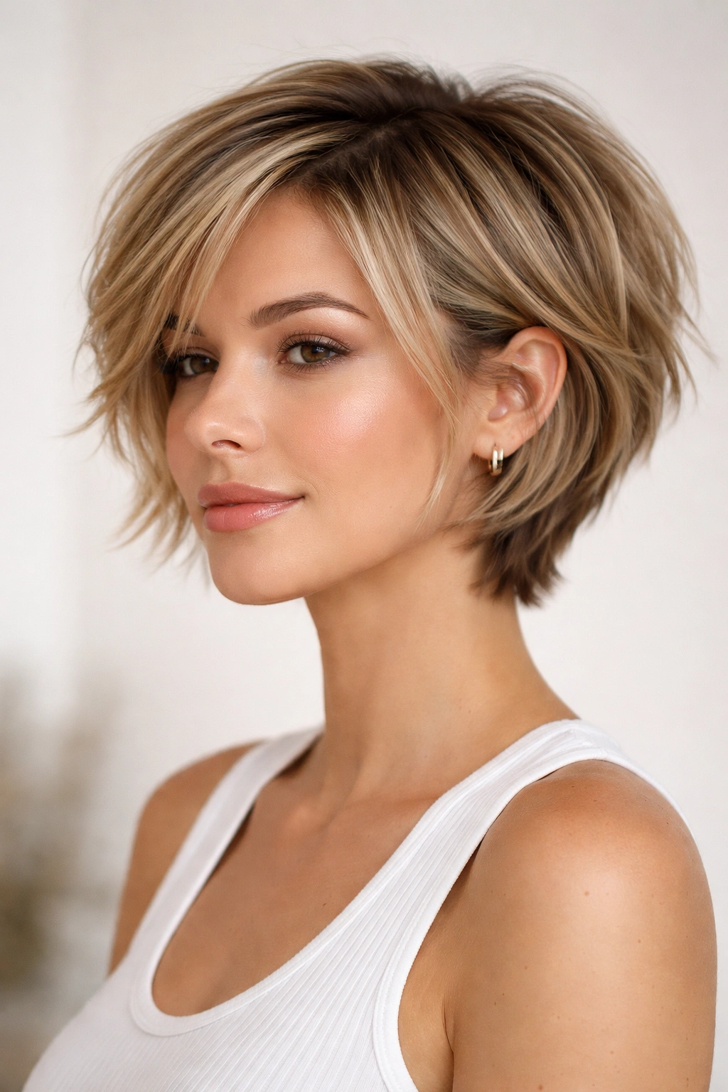 Person with chic short layered haircut in a calm studio setting