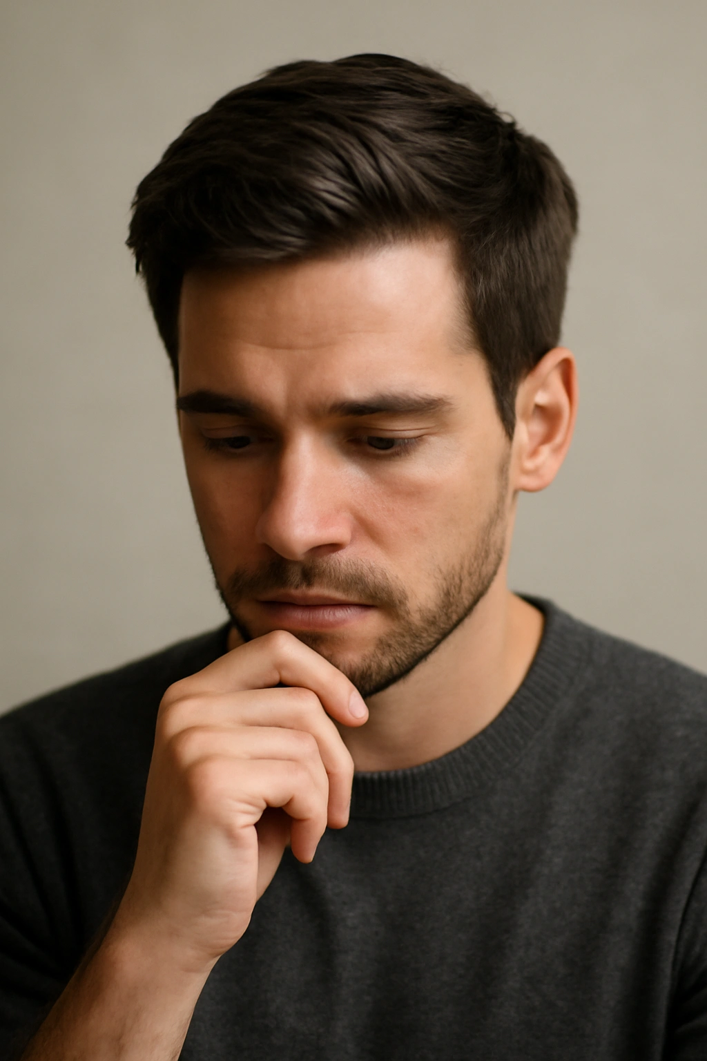 20 Men's Haircuts Matched to Face Shape and Hair Type 21 Thoughtful portrait conveying final thoughts on haircut choices with balanced hairstyle.