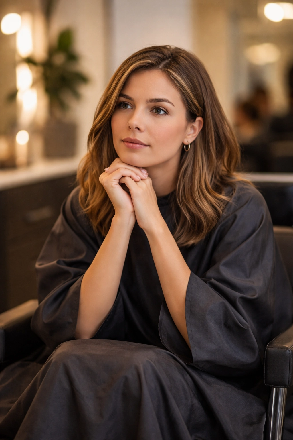 Contemplative person in a salon chair considering a shoulder-length haircut