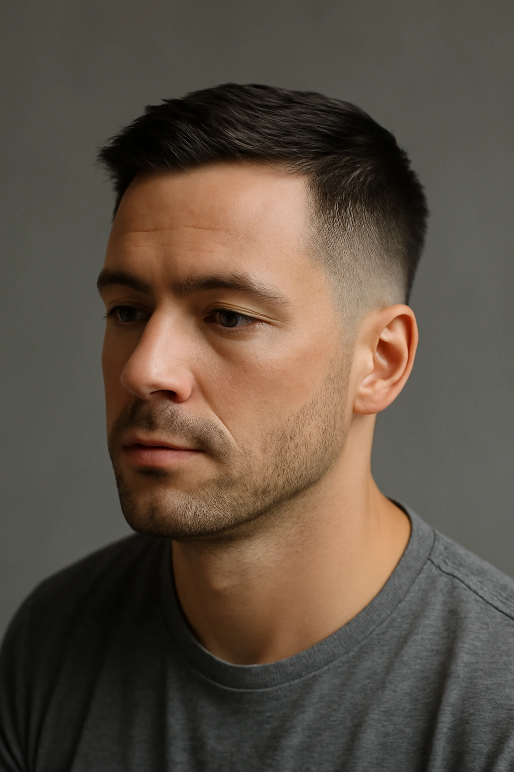 15 Sharp Short Haircuts Every Man Should Try 16 Close-up portrait of a man with a neat, tapered short haircut.