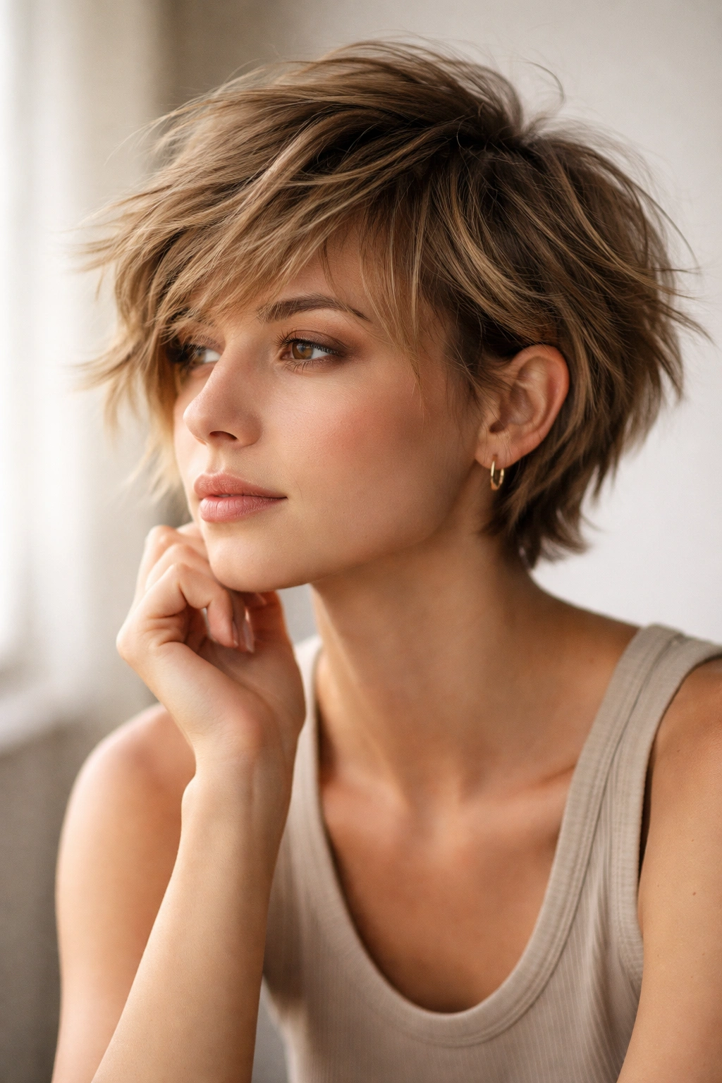 12 Short Choppy Haircuts With Natural Movement 13 Contemplative person with a short, choppy haircut in a neutral studio setting, highlighting texture and movement