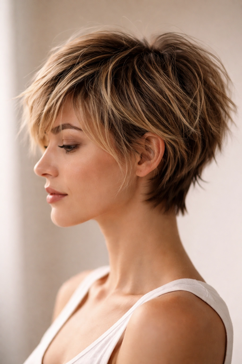 15 Choppy Short Haircuts Loaded With Texture 16 Side-profile of a textured short haircut emphasizing choppy movement